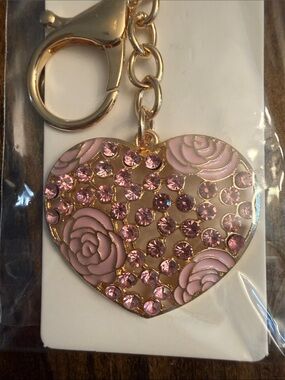Pretty in Pink Rhinestone Crystal Heart Keychain Charm w/Rose Motif